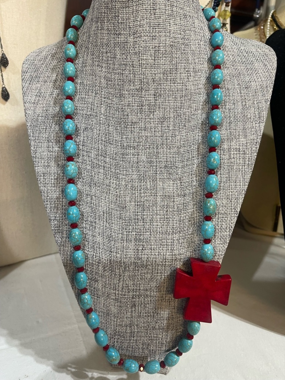 Turquoise Beaded Necklace with Red Cross Pendant - Women Jewelry